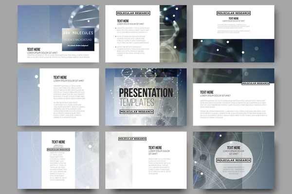 Jeu de 9 modèles vectoriels pour diapositives de présentation. Structure des molécules d'ADN sur fond bleu foncé . — Image vectorielle