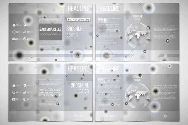Vektor-Set von dreifach gestalteten Broschüren auf beiden Seiten mit Weltkugelelement. molekulare Forschung, Zellen in grau, wissenschaftlicher Vektor-Hintergrund — Stockvektor