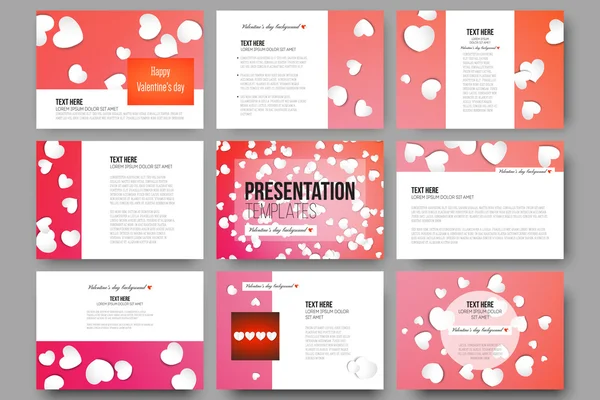 Conjunto de 9 plantillas para diapositivas de presentación. Papel blanco corazones, fondo de vector rojo, decoración del día de San Valentín — Vector de stock