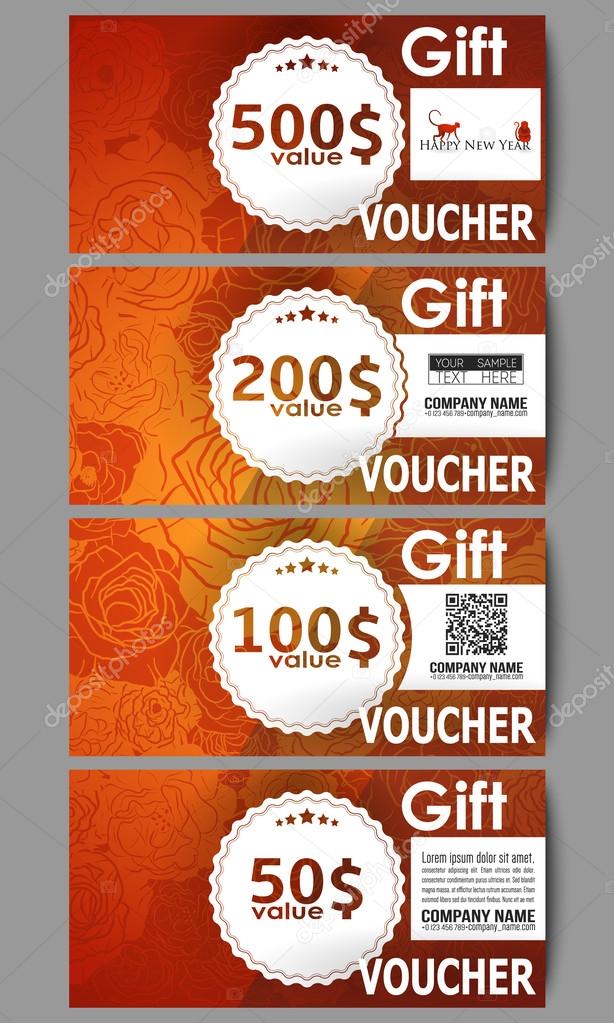 Set of modern gift voucher templates. Chinese new year background. Floral design with red monkeys, vector illustration