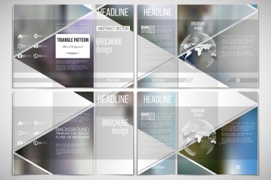 Üç katlı broşür tasarım şablonu dünya küre öğesi ile her iki tarafta. Çok renkli arka plan bulanık doğa manzaraları, geometrik vektör, üçgen tarzı illüstrasyon.