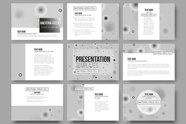 Set of 9 vector templates for presentation slides. Molecular research, cells in gray, science background