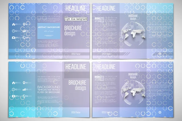 Set vettoriale di brochure trifold modello di design su entrambi i lati con elemento globo mondo. Cerchi bianchi astratti, sfondo azzurro, illustrazione vettoriale — Vettoriale Stock