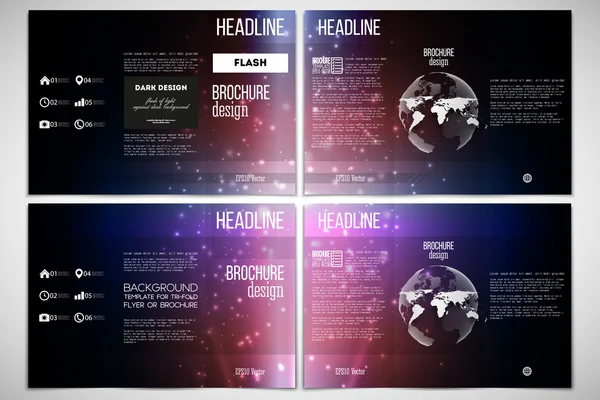 Vector set of tri-fold brochure design template on both sides with world globe element. Flashes against dark background — Διανυσματικό Αρχείο