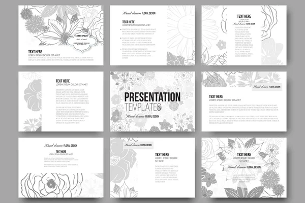 Conjunto de 9 modelos para slides de apresentação. Padrão de doodle floral desenhado à mão, fundo vetor abstrato — Vetor de Stock