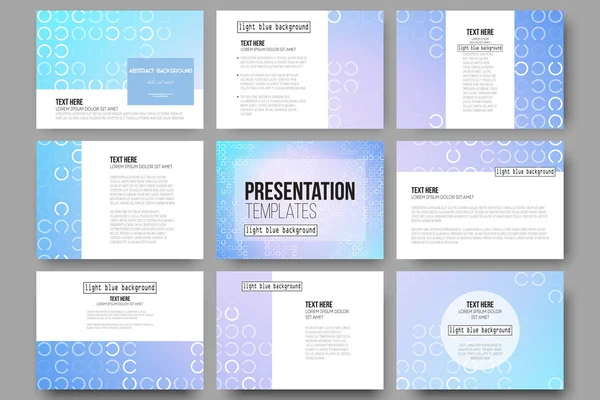 Set van 9 sjablonen voor presentatie dia's. Abstracte door witte rondjes op licht blauwe achtergrond, vectorillustratie — Stockvector