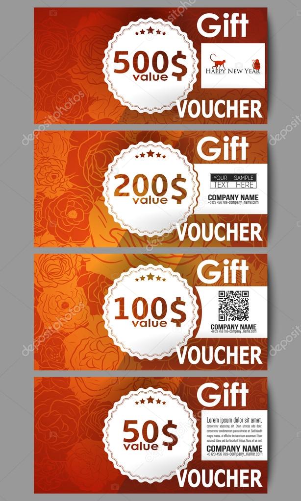 Set of modern gift voucher templates. Chinese new year background. Floral design with red monkeys, vector illustration