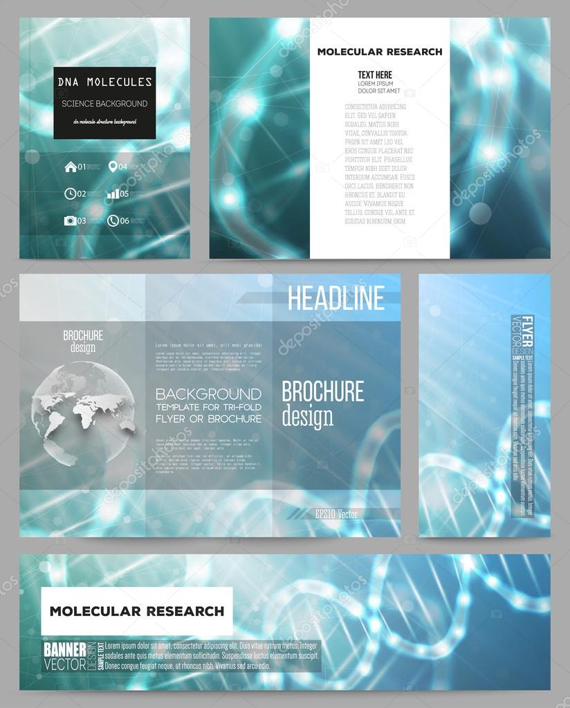 Set of business templates for presentation, brochure, flyer or booklet. DNA molecule structure on dark blue background.