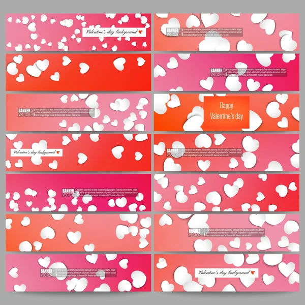 Satz moderner Vektorbanner. weiße Papierherzen, roter Hintergrund zum Valentinstag — Stockvektor