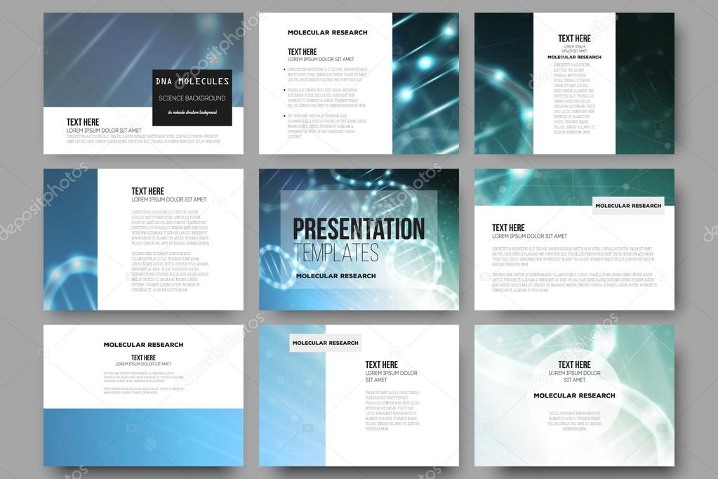 Set of 9 vector templates for presentation slides. DNA molecule structure on a blue background.