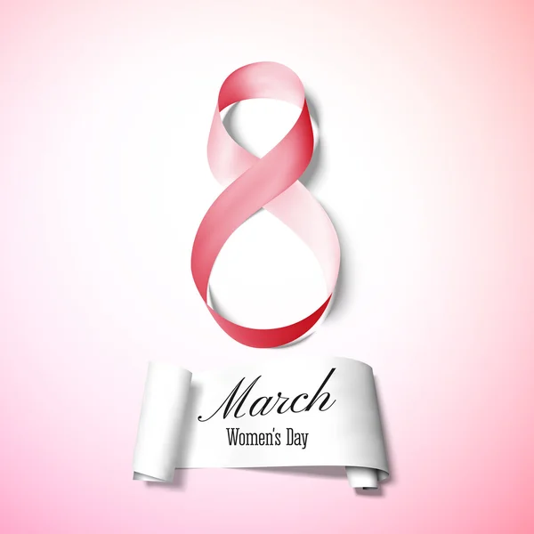 Tarjeta de felicitación para el 8 de marzo con pancarta y símbolo de cinta roja. Día Internacional de la Mujer. Ilustración vectorial — Vector de stock