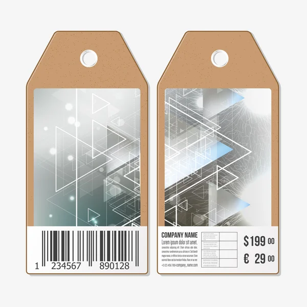 Design de etiquetas de vetor em ambos os lados, etiquetas de venda de papelão com código de barras. Fundo embaçado abstrato, triângulos, linhas e pontos — Vetor de Stock