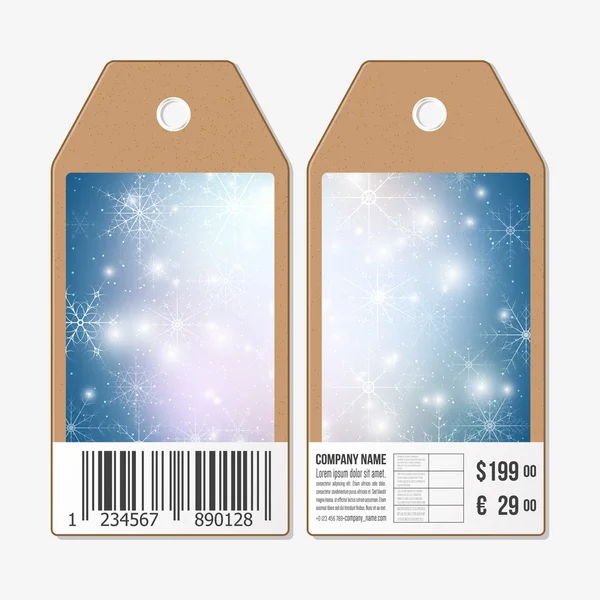 Vector tags ontwerp aan beide zijden, kartonnen verkoop etiketten met barcode. Blauw abstract winter achtergrond — Stockvector