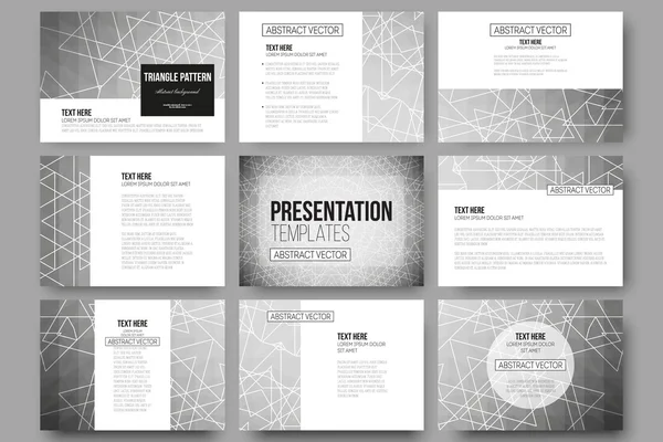 Set van 9 vector sjablonen voor presentatie dia's. Heilige Geometrie, driehoek ontwerp grijze achtergrond. — Stockvector