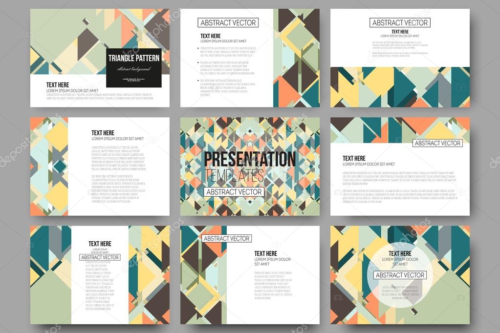 Set of 9 templates for presentation slides. Material Design. Colored vector background