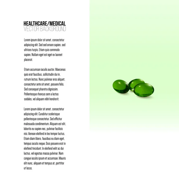 Pastillas aisladas sobre fondo verde, fondo vectorial para folleto, folleto o pancarta — Vector de stock