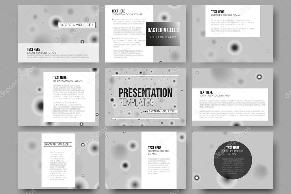 Set of 9 vector templates for presentation slides. Molecular research, cells in gray, science background