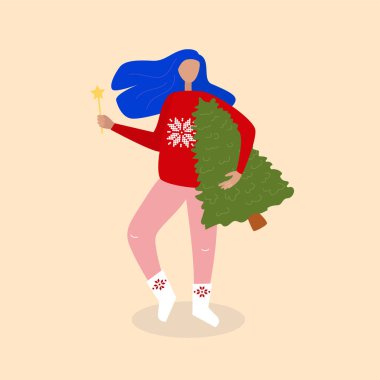 Norveç desenli kışlık elbiseli kız bir elinde sihirli bir değnek, diğer elinde bir Noel ağacı tutuyor. Yeni yıla ve Noel 'e hazırlanıyorum. Düz modern vektör illüstrasyonu.