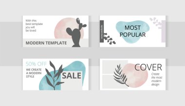 Botanik set yatay fotoğraf kolaj afişleri. Boho tarzı toprak tonlarında soyut bitki şekilleri. Sosyal medya paylaşımı ve çevrimiçi reklam için minimalizm şablonları. Trend vektör illüstrasyonu