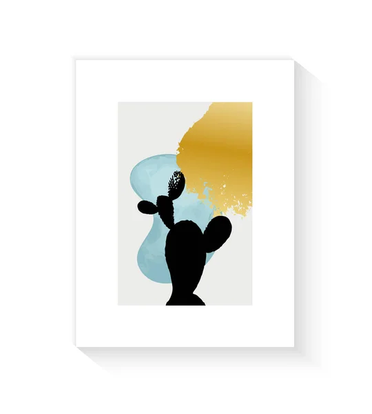 Botanical artwork poster of wall. Abstract golden spot shapes in boho style earth tones with cactus. Plants design for print, covers, wallpapers, stories and web. Minimal and natural art vector.