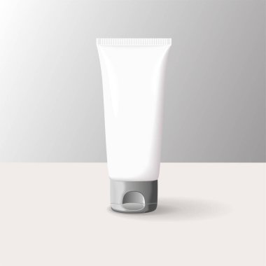 Krem tüpü modeli. Kozmetik, jöle, krem, diş macunu için beyaz parlak bir tüp. Gerçekçi izole edilmiş 3D paketleme şablonu. Vektör illüstrasyonu.