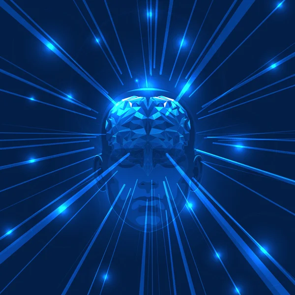 Cerebro de cabeza humana abstracto con rayos de luz . — Vector de stock