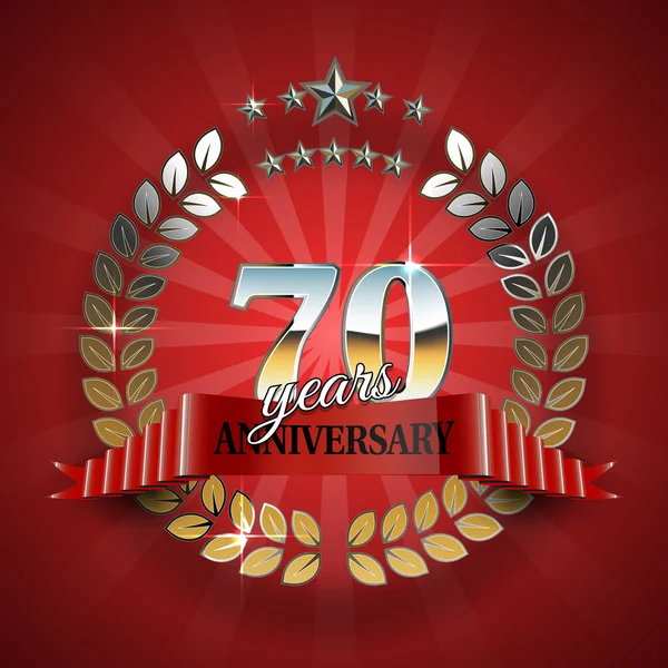 Oslavný zlatý rám pro 70th Anniversary. Výročí prsten s červenou stuhou. Výročí slavnostní oslava emblém. Stock Ilustrace