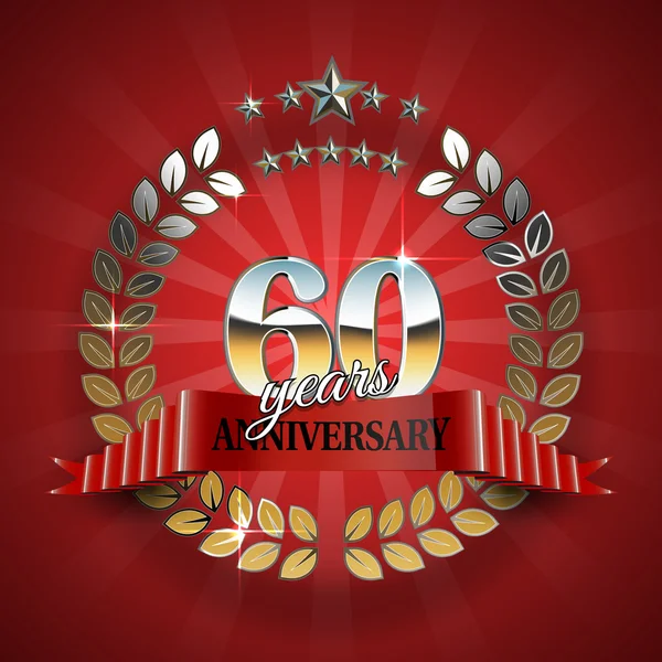 Anillo 60 aniversario con cinta roja . — Vector de stock