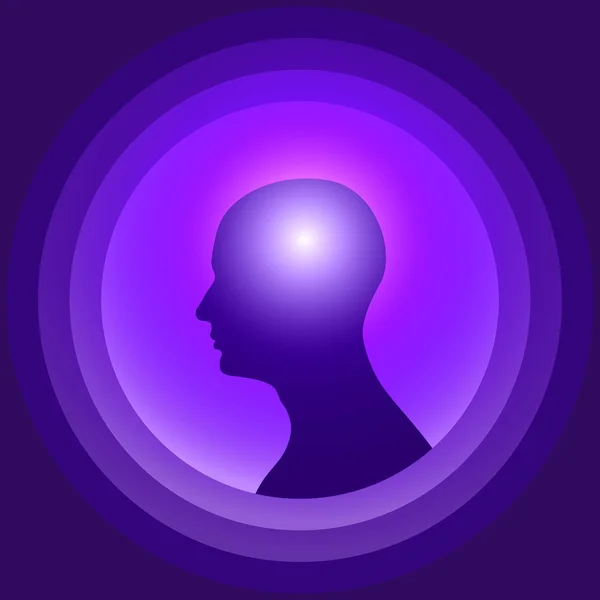 Silhouette of the human head with glowing brain. — Stock Vector