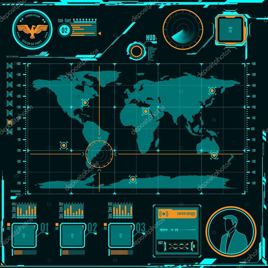 HUD or Head-up display navigation map screen elements. Futuristic modern user interface. Vector graphic.