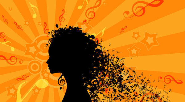Silhouette of Womans head with Music Hair Background. Stock Vector Illustration
