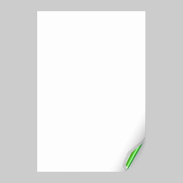 Порожній аркуш паперу з зеленим закрученим кутом. Векторна ілюстрація — стоковий вектор