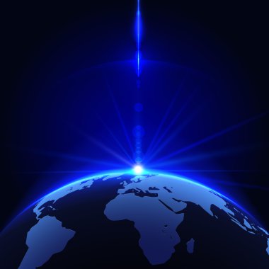 Alan arka plan tasarımınız için Earth gezegen üzerinde yükselen güneş. Hisse senedi vektör çizim