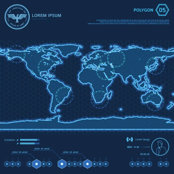 Pantalla HUD del mapa del mundo del polígono azul — Vector de stock