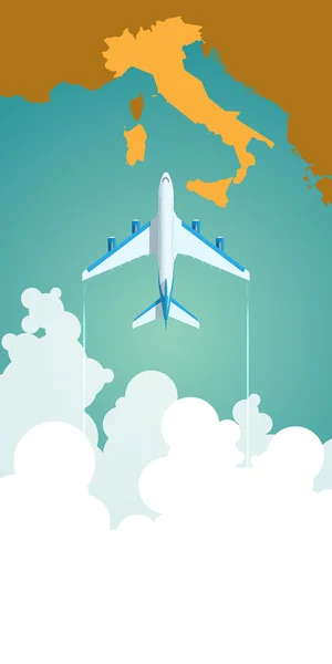 Airplane flying through clouds above the map of Italy Royalty Free Stock Vectors
