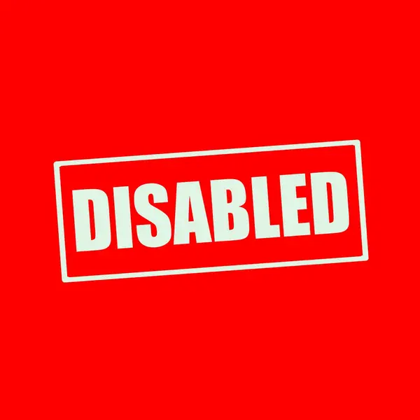 Niepełnosprawny biały sformułowanie u prostokąt czerwony tło — Zdjęcie stockowe