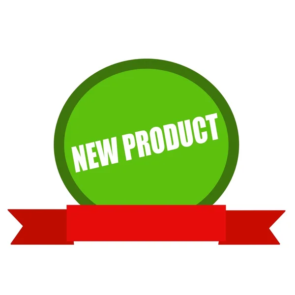Novo produto branco formulação no círculo verde fundo fita vermelha — Fotografia de Stock