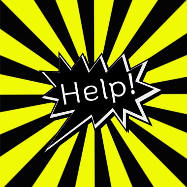 Çizgili güneş sarı-siyah arka plan üzerinde siyah konuşma kabarcıklar beyaz ifadeler yardım