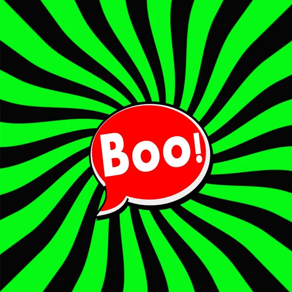 Boo kırmızı konuşma kabarcıklar çizgili güneş yeşil-siyah arka plan üzerinde beyaz ifadeler — Stok fotoğraf