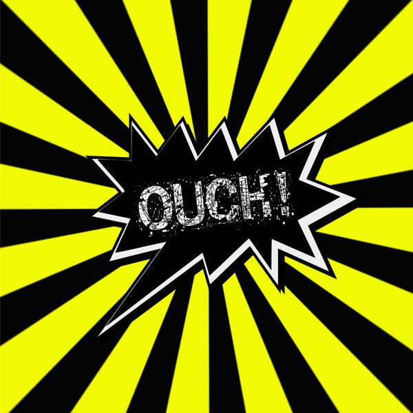 Ouch black Speech bubbles white wording on Striped sun yellow-Black background