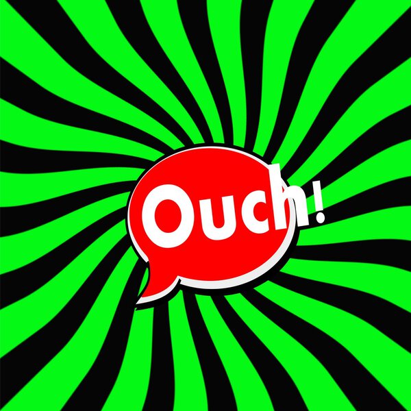 Ouch Red Speech bubbles white wording on Striped sun Green-Black background