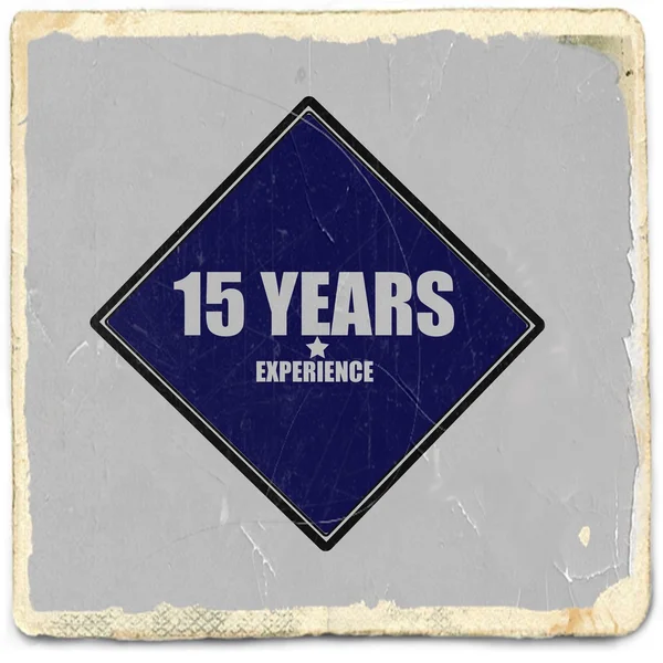 15 years experience  white stamp text on blue black background — Stock Photo, Image