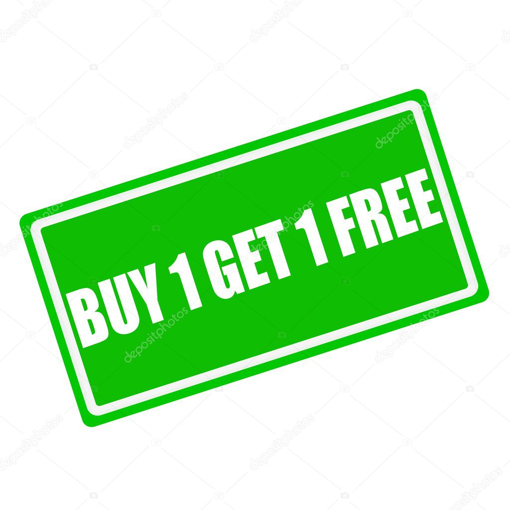 Buy 1 get 1 free white stamp text on green background
