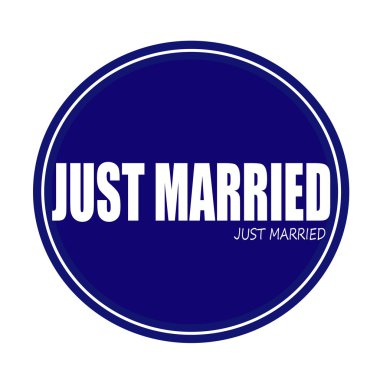 JUST MARRIED white stamp text on blue