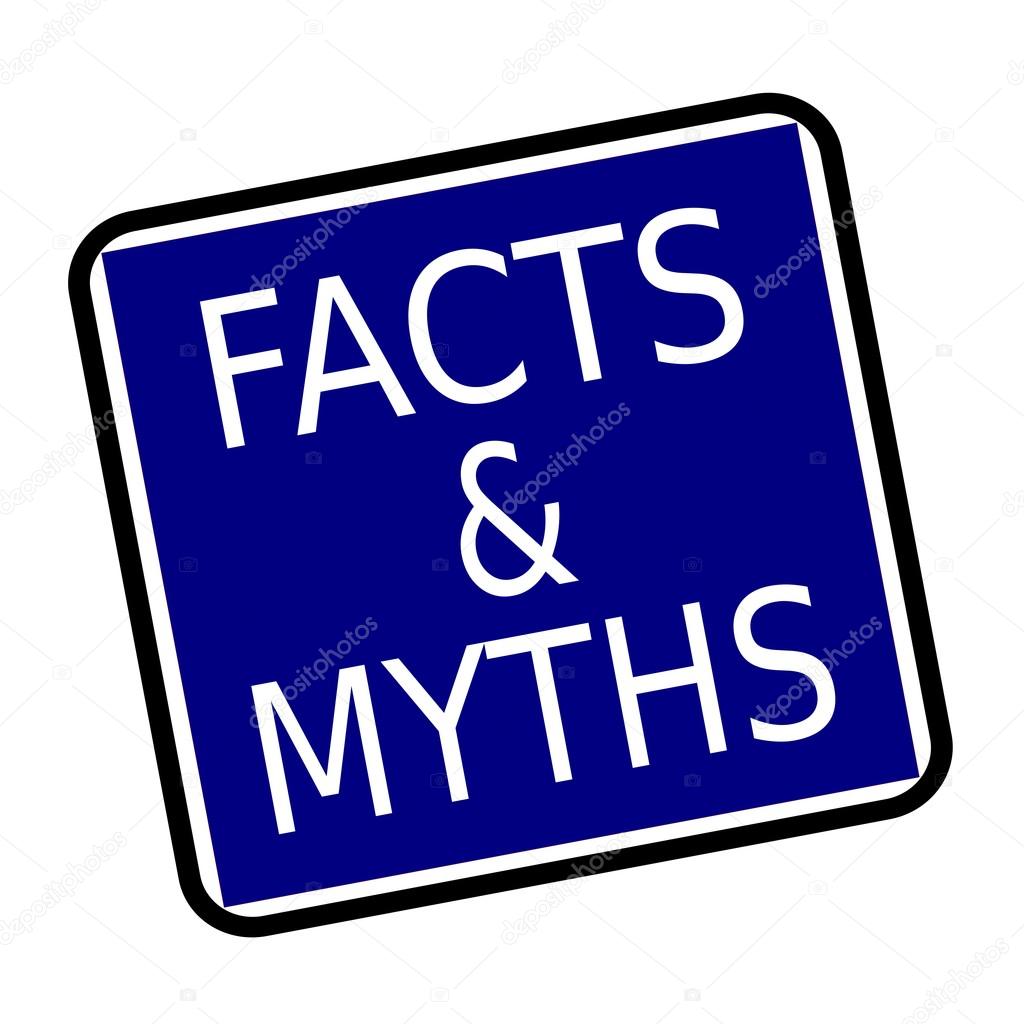  FACTS & MYTHS white stamp text on buleblack background