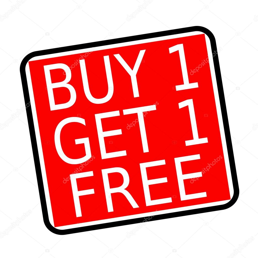 Buy 1 get 1 free white stamp text on red background