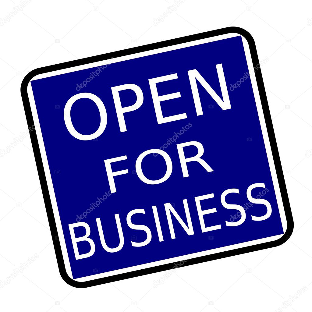 OPEN FOR BUSINESS white stamp text on buleblack background