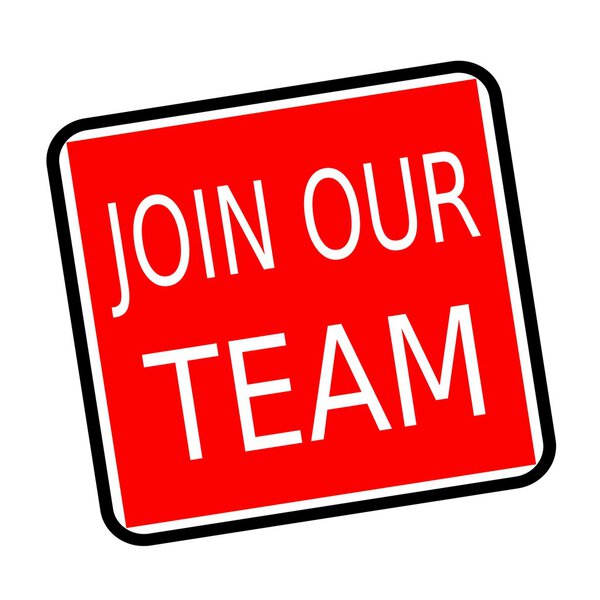 Join our team white stamp text on red background