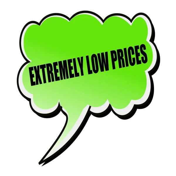 Надзвичайно низькі ціни текст чорної марки на зеленій бульбашці мовлення — стокове фото