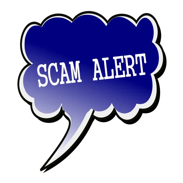 Texte du timbre blanc d'alerte SCAM sur bulle vocale noire bleue — Photo